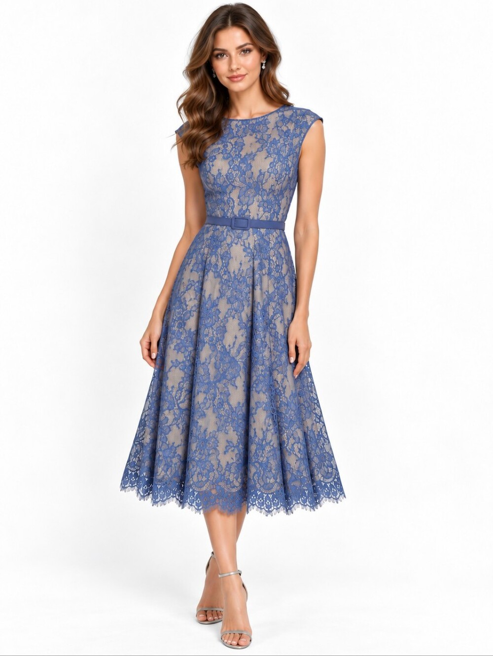 Sara Emanuel Blue Lace Belted A-Line Dress Size 10 NEW